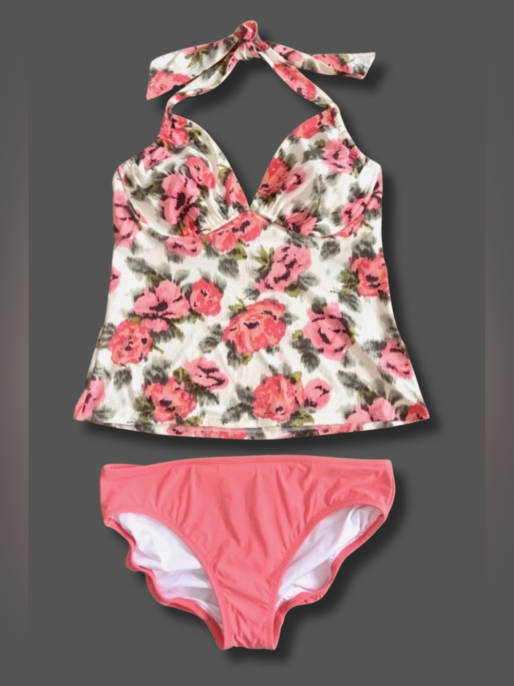 Lands’ End Floral Tankini Swim Set Size 10 Underwire Halter Coral Bikini Bottom
